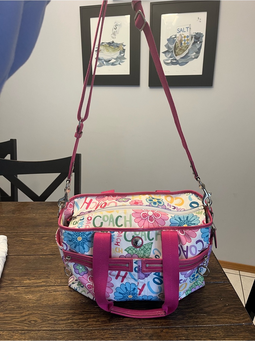 Coach Multicolor Floral Canvas Diaper Bag with Pink Accents